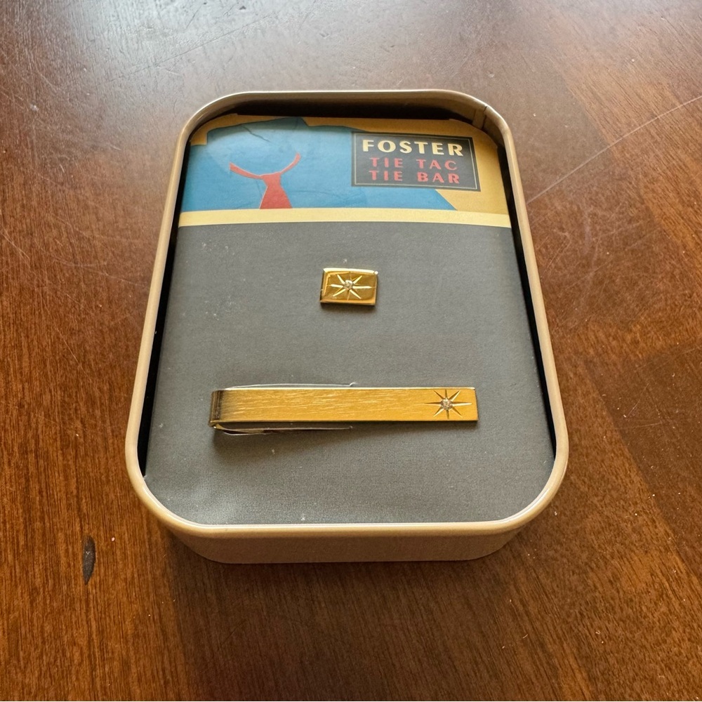 Rhinestone, Gold Tone Foster tie tac and tie bar